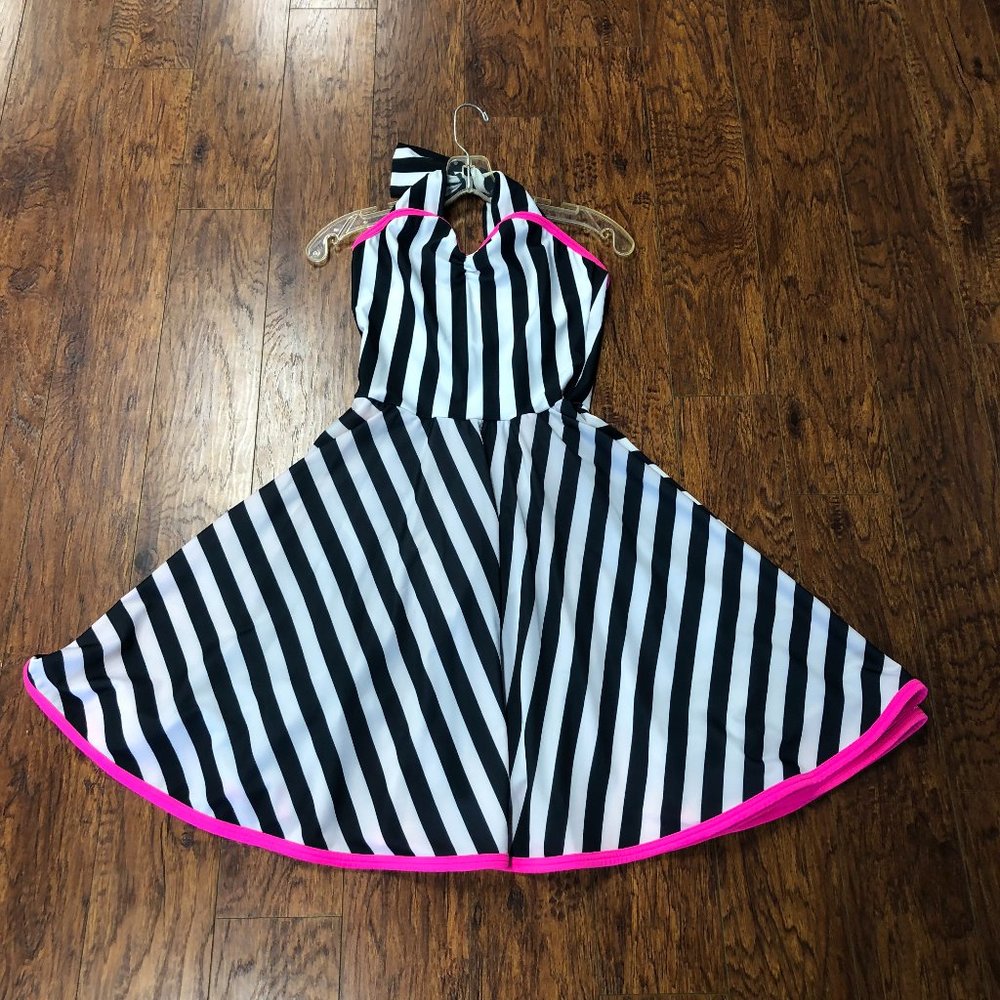 Striped White Black Pink Dress with Halter Top